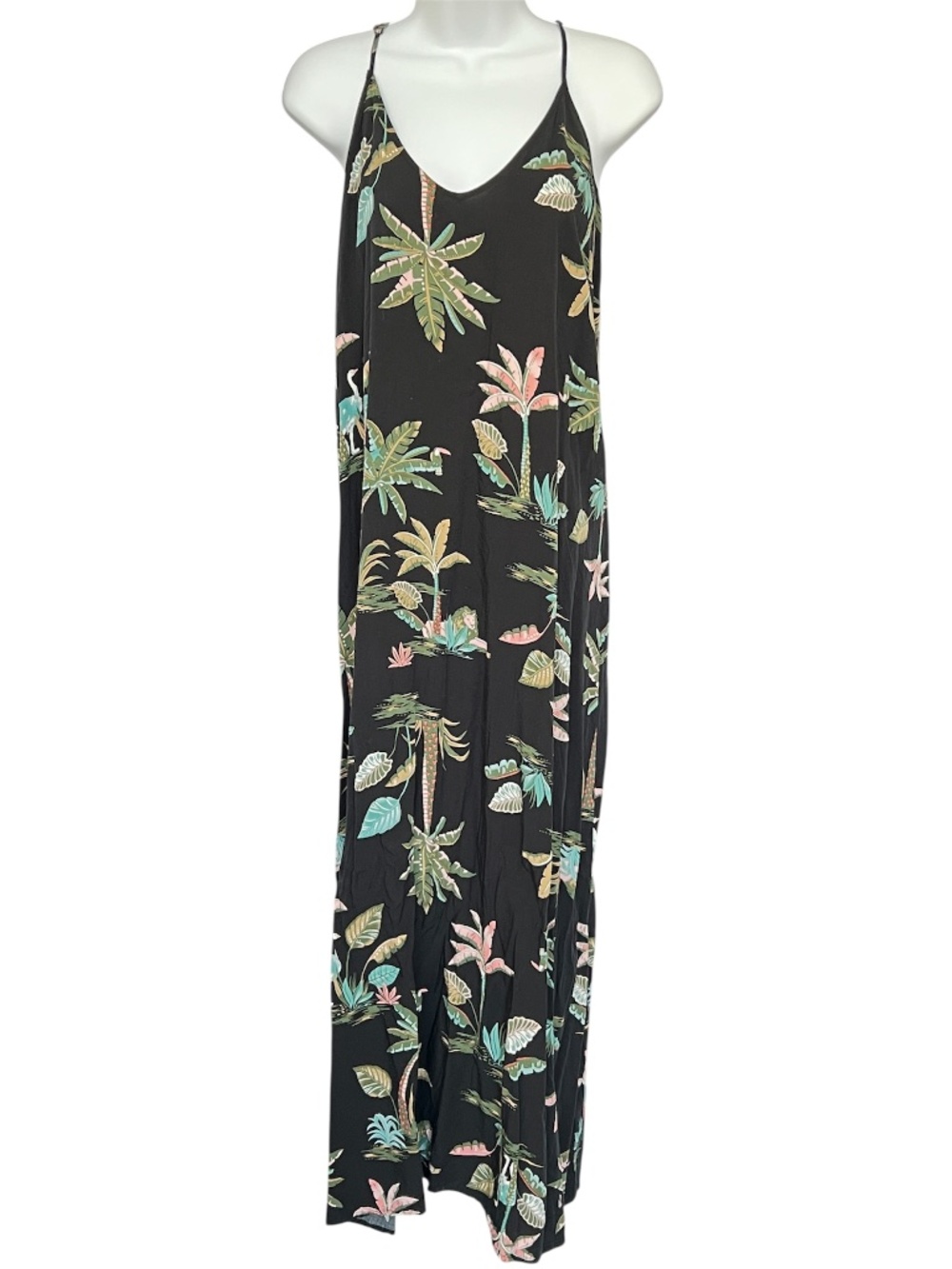 Old Navy Maxi Sleeveless Dress Tropical Print Black Green 100% Rayon XL Floral